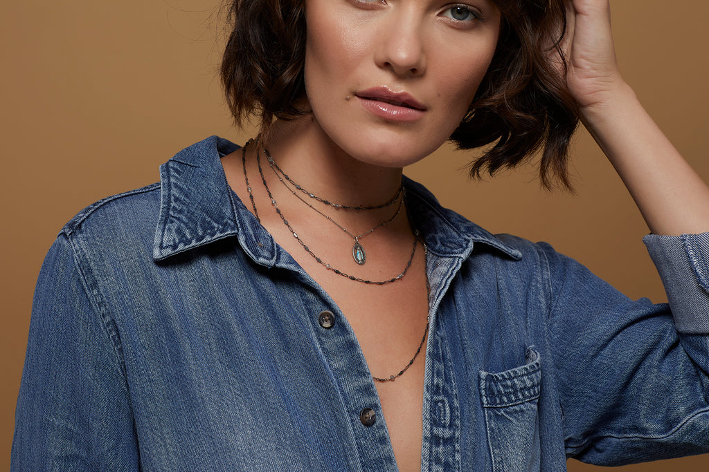 Baby Boho Layering Necklace, Oxidized Silver on Silver with Labradorite
