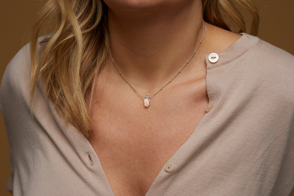 Silver Stone Drop Choker, Tourmalinated Quartz Crystal