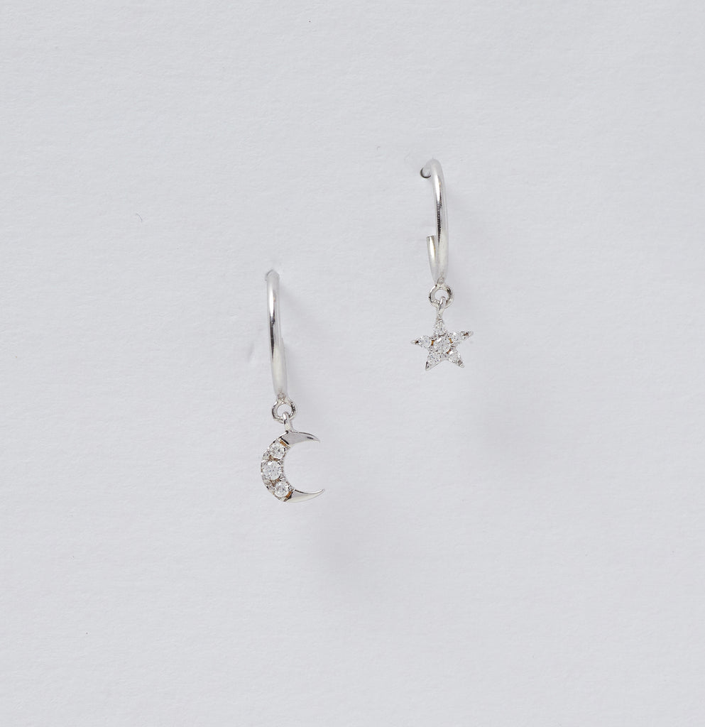 Moonlight Mismatched Tiny Hoops, Silver