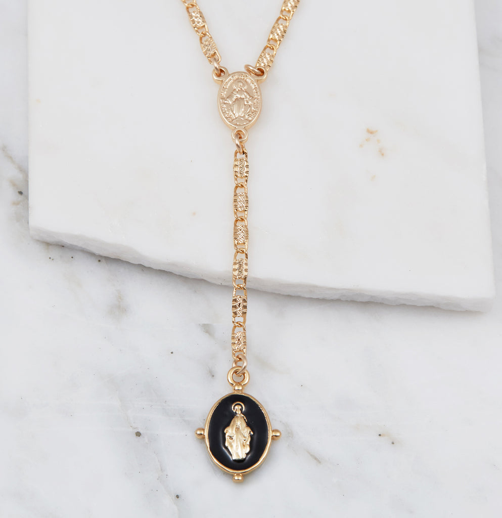 Lucia Rosary Lariat Necklace, Black