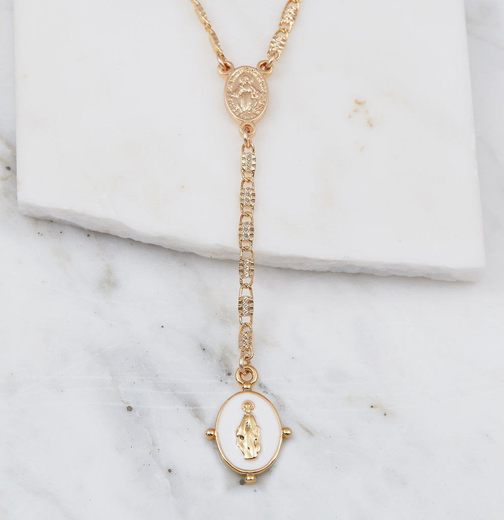 Lucia Rosary Lariat Necklace, White