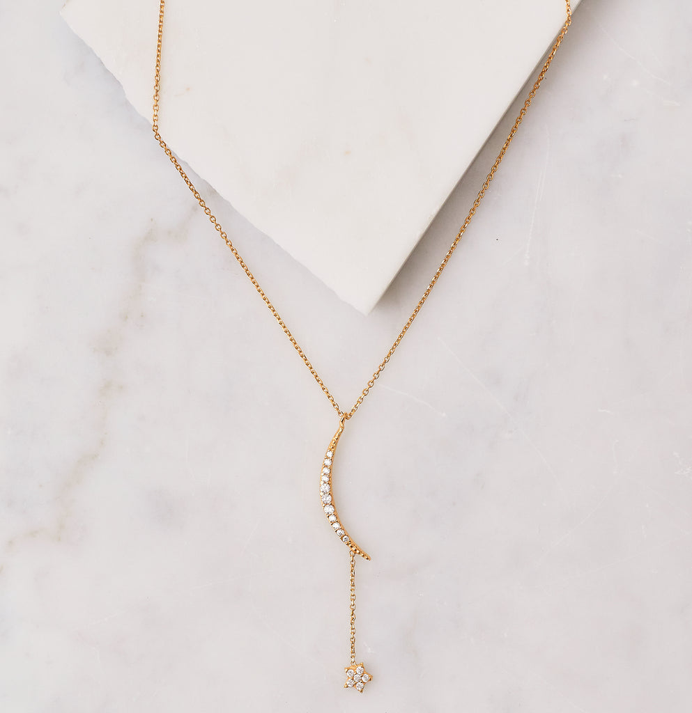 Pave Moon & Hanging Star Necklace, Small Gold - As seen on Alessandra Ambrosio