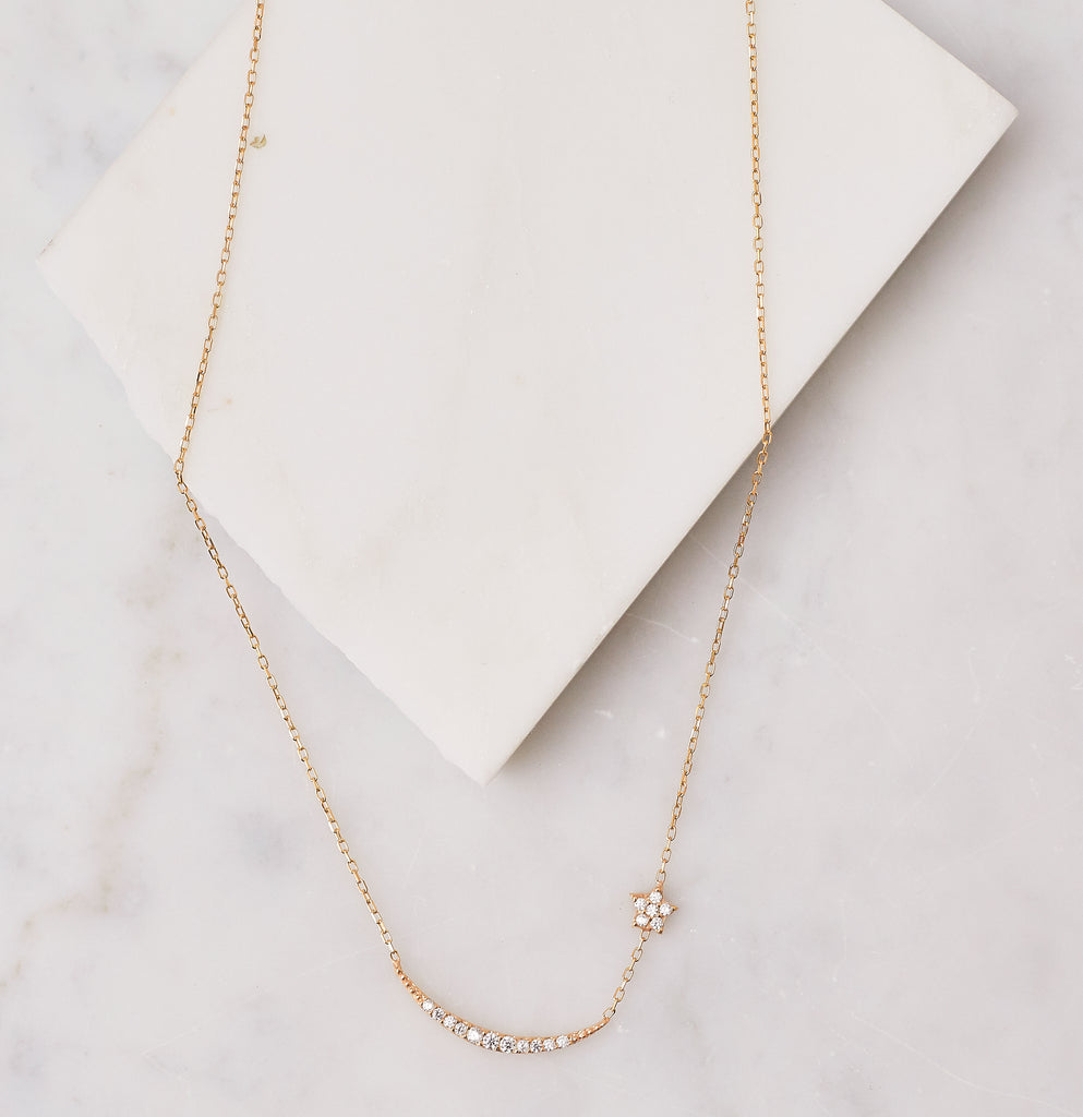 Pave Moon & Attached Star Necklace, Gold