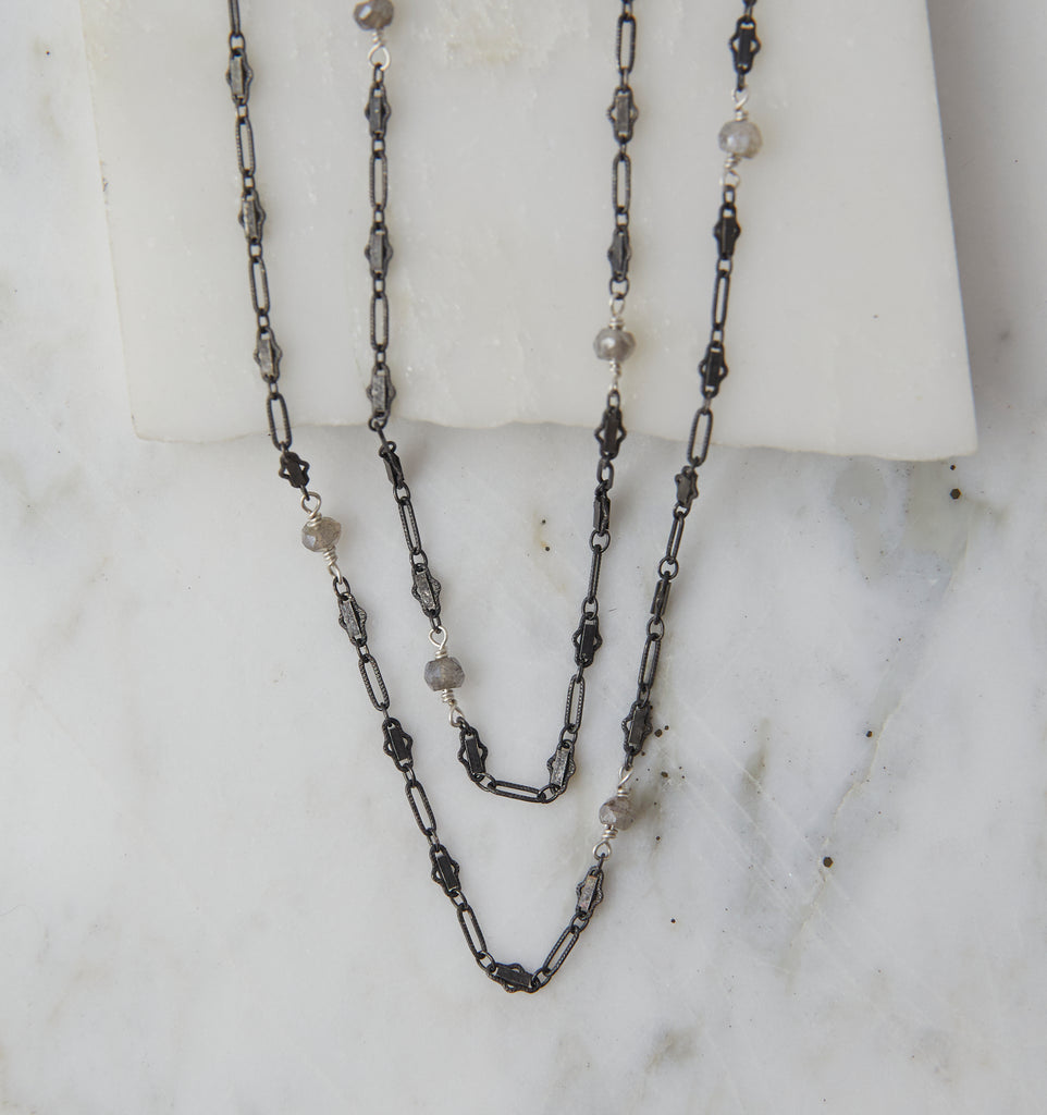 Baby Boho Layering Necklace, Oxidized Silver on Silver with Labradorite