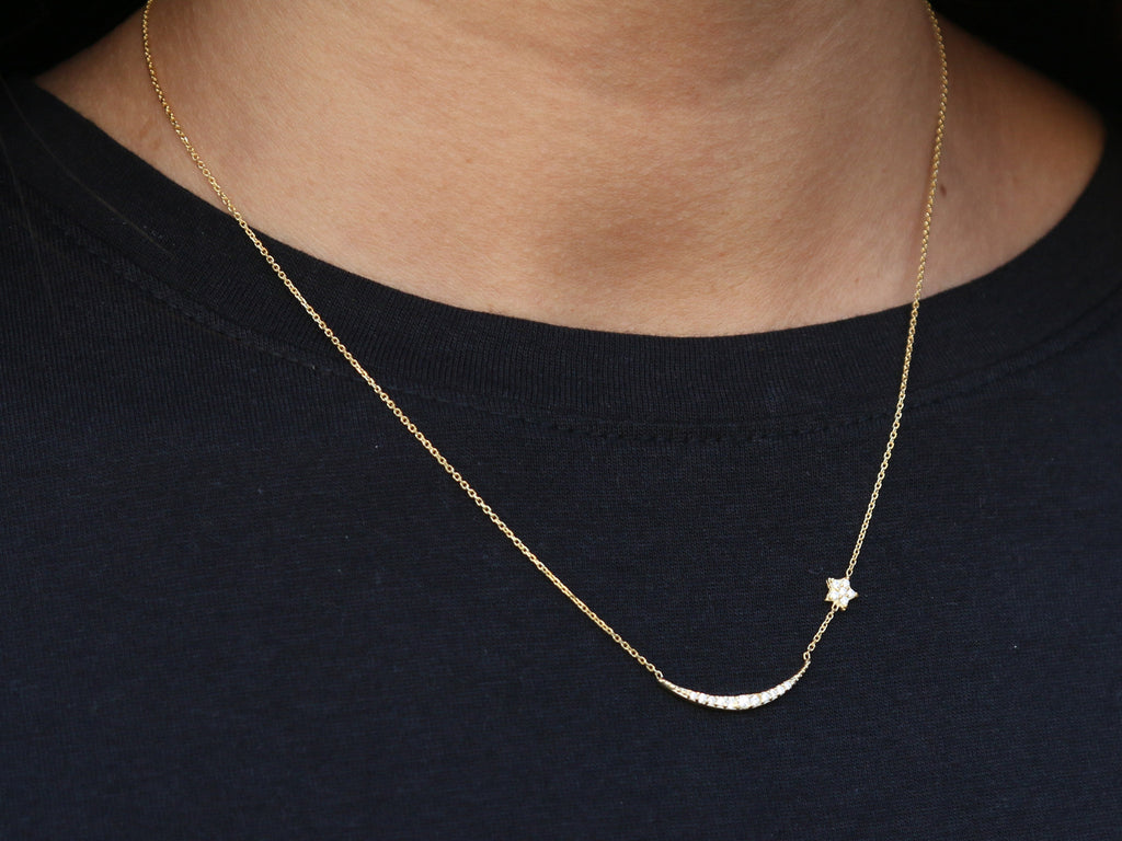 Pave Moon & Attached Star Necklace, Gold