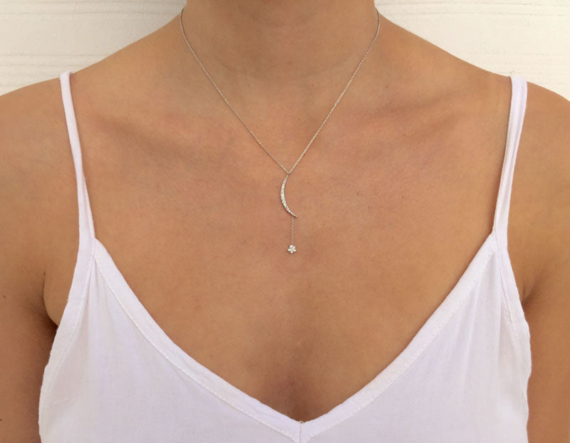 Pave Moon & Hanging Star Necklace, Small Rose Gold